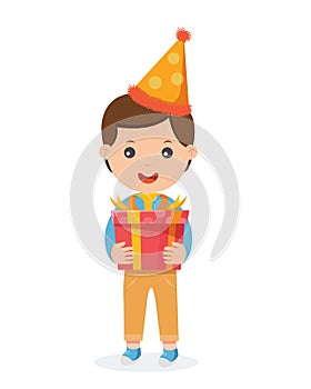 children with gift box celebrating a birthday party vector illustration