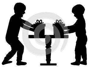 Children gifts. Happy cheerful child. Brothers receive gifts for holiday. Silhouette vector photo