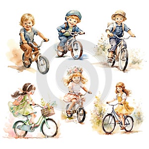 Children.Girl.Kid with bicycle.Girl riding a bike. Child on outside walk.Watercolor clipart isolated on white background