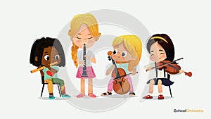 Children Girl Orchestra Play Different Music Instrument