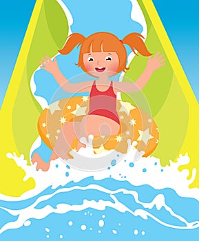 Children girl playing in water park in summer