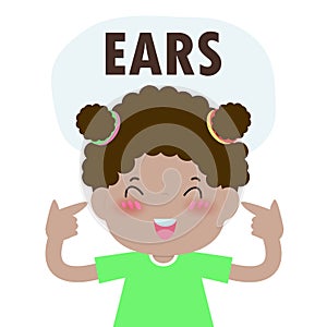 Children girl Pointing to and Saying `ears` as Part of Naming Body or Face Parts Series for kid isolated vector Illustration.