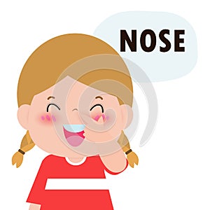 Children girl Pointing to and Saying `nose` as Part of Naming Body or Face Parts Series for kid isolated vector Illustration.