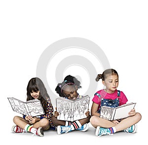 Children Girlfriends Reading Book Education Togetherness Studio