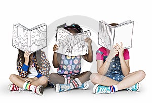 Children Girlfriends Reading Book Education Togetherness Studio