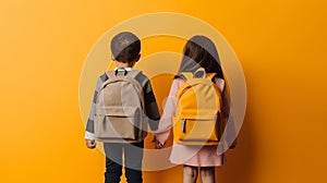 Children go hand in hand with school backpacks and a knapsack. Walk to school along the path.