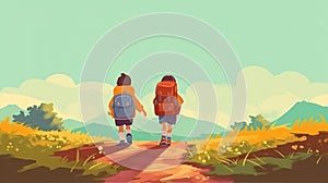 Children go hand in hand with school backpacks and a knapsack. Walk to school along the path.