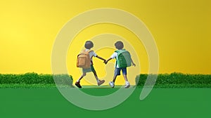 Children go hand in hand with school backpacks and a knapsack. Walk to school along the path.