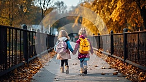 Children go hand in hand with school backpacks and a knapsack. Walk to school along the path.