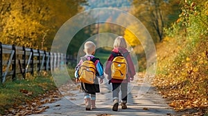 Children go hand in hand with school backpacks and a knapsack. Walk to school along the path.