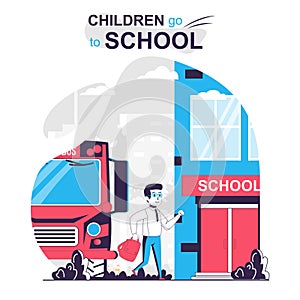 Children go to school isolated cartoon concept. Schoolboy arrived by school bus to class, people scene in flat design. Vector