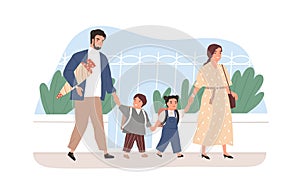 Children going to school together with their parents. Happy boy and girl walking with father and mother. Colored flat