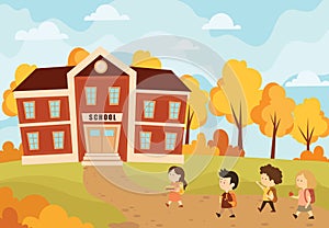 Children going to school. Vector illustration of the autumn landscape with schoolchildren going back to school.
