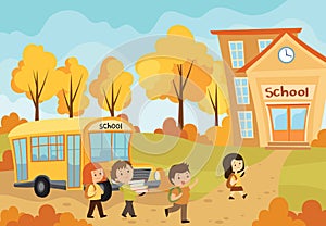 Children going to school. Vector illustration of the autumn landscape with schoolchildren going back to school.