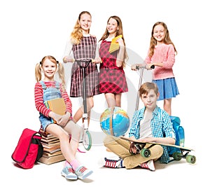 Children Going to Summer Camp, End of Education, Pupils Kids Group on White