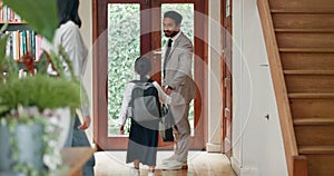 Children, goodbye and parents with a girl leaving her home, back to school as a student in the morning. Kids, wave or