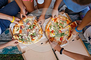 Children grab slices of pizza at the picnic