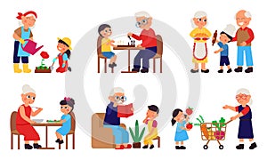 Children with grandparents. Cartoon grandparent spend time with grandchildren. Cute grandson and granny, elderly people