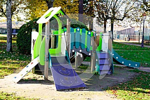Children green playground activities in public outdoors park modern