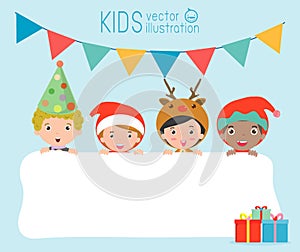 Children and greeting Christmas and New Year card, kids peeping behind placard, kids in Christmas costume characters celebrate