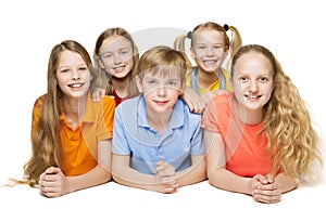 Children Group, Five Kids Girls and Boy Lying over White