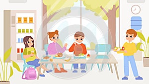 Children group on lunch or breakfast together. Primary school or preschool characters. Kids eating food in canteen