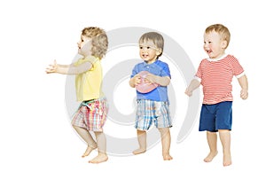 Children group playing toys. Small Kids isolated white background