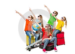 Children Group Pointing Travel Destination, Teens in Sunglasses