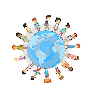 Children Group Standing Around Globe World Unity