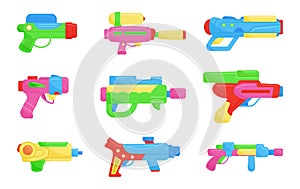 Children gun toy. Plastic space guns, water kids weapon. Neon blasters and rayguns, pistols for games. Childish shooting