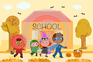 Children with Halloween costumes go to school, cartoon illustration