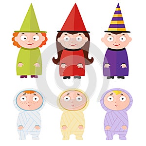 Children with halloween costumes - witch, mummy. Cheerful childre