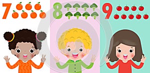 Children hand showing the number Seven, eight, nine , kids showing numbers 7,8,9 by fingers. Education concept, Kids learning