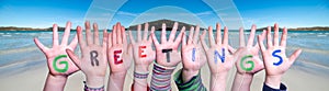 Children Hands Building Word Greetings, Ocean Background