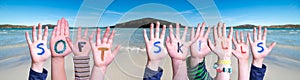 Children Hands Building Word Soft Skills, Ocean Background photo