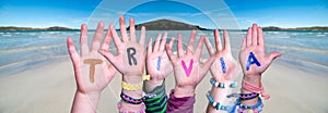 Children Hands Building Word Trivia, Ocean Background photo