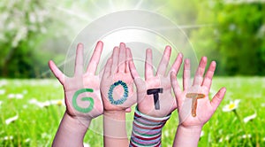 Children Hands Building Word Gott Means God, Grass Meadow