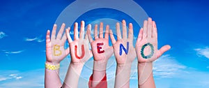 Children Hands Building Word Bueno Means Good, Blue Sky photo