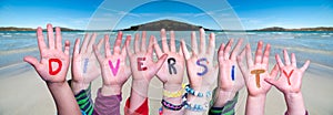 Children Hands Building Word Diversity, Ocean Background