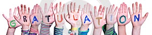 Children Hands Building Gratulation Means Congratulations, Isolated Background