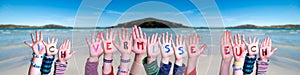 Children Hands Building Ich Vermisse Euch Means I Miss You, Ocean Background