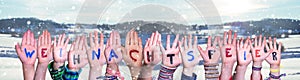 Children Hands Building Weihnachtsfeier Means Christmas Party, Winter Background