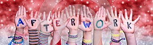 Children Hands Building Word Afterwork, Red Christmas Background