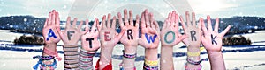 Children Hands Building Word Afterwork, Snowy Winter Background