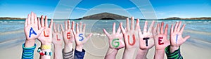 Children Hands Building Word Alles Gute Means Best Wishes, Ocean Background