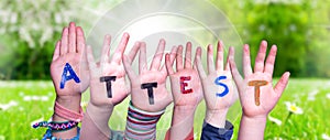 Children Hands Building Word Attest Means Attestation, Grass Meadow