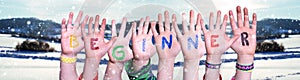 Children Hands Building Word Beginner, Snowy Winter Background