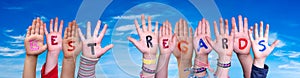 Children Hands Building Word Best Regards, Blue Sky