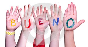 Children Hands Building Word Bueno Means Good, Isolated Background photo