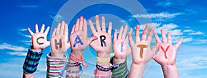 Children Hands Building Word Charity, Blue Sky